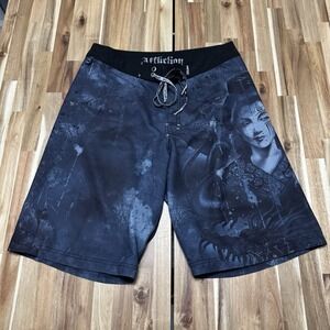 Affliction‎ Geisha Board Shorts Mens 32 Blue Japanese Grunge AOP Drawstring